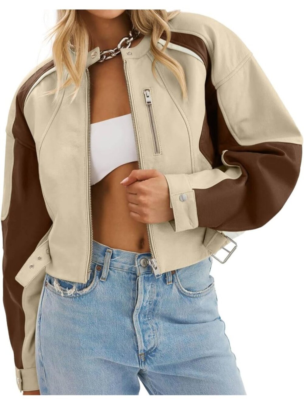 Women Khaki 100% Polyester Faux Leather Cropped Color-Block Zip-Up Bomber Jacket